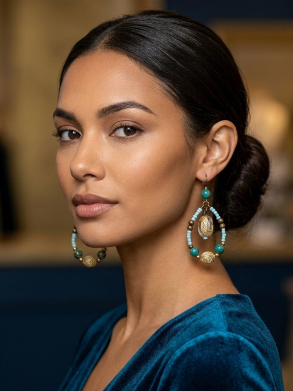Teal & Antique Gold Filigree Hoop Earrings - Picture 3 of 6